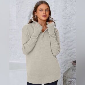 PrettyGarden Half-Zip Ribbed Cowl Sweater - Cream / Gray(ish) Size S NWT